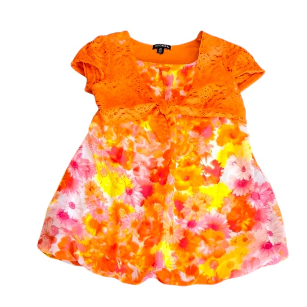 EUC George Girls orange and yellow floral top with Orange Lace Tye
